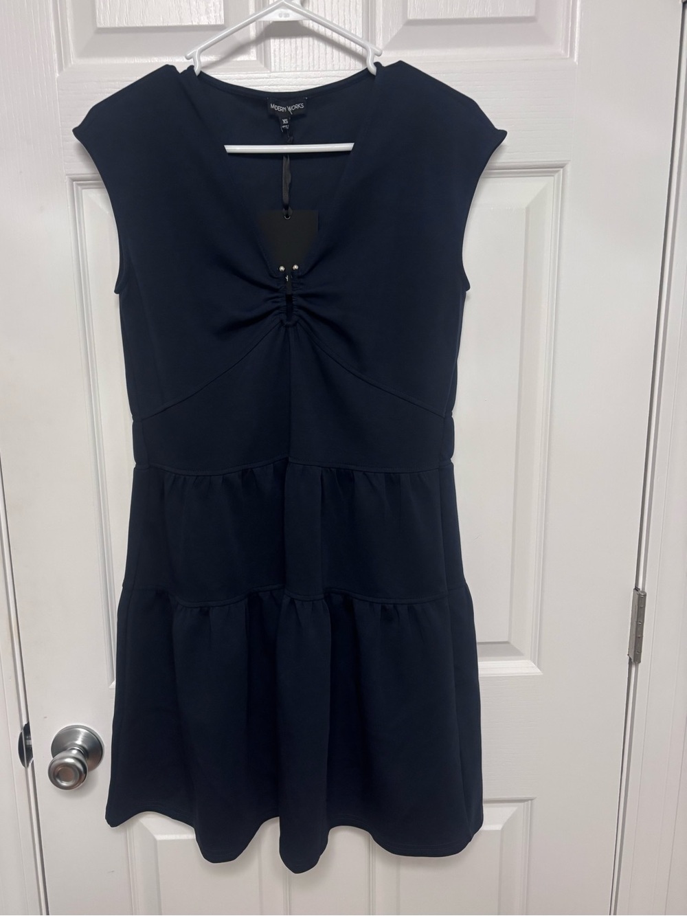 Modern Works Navy Cap-Sleeve Tiered V-Neck Dress